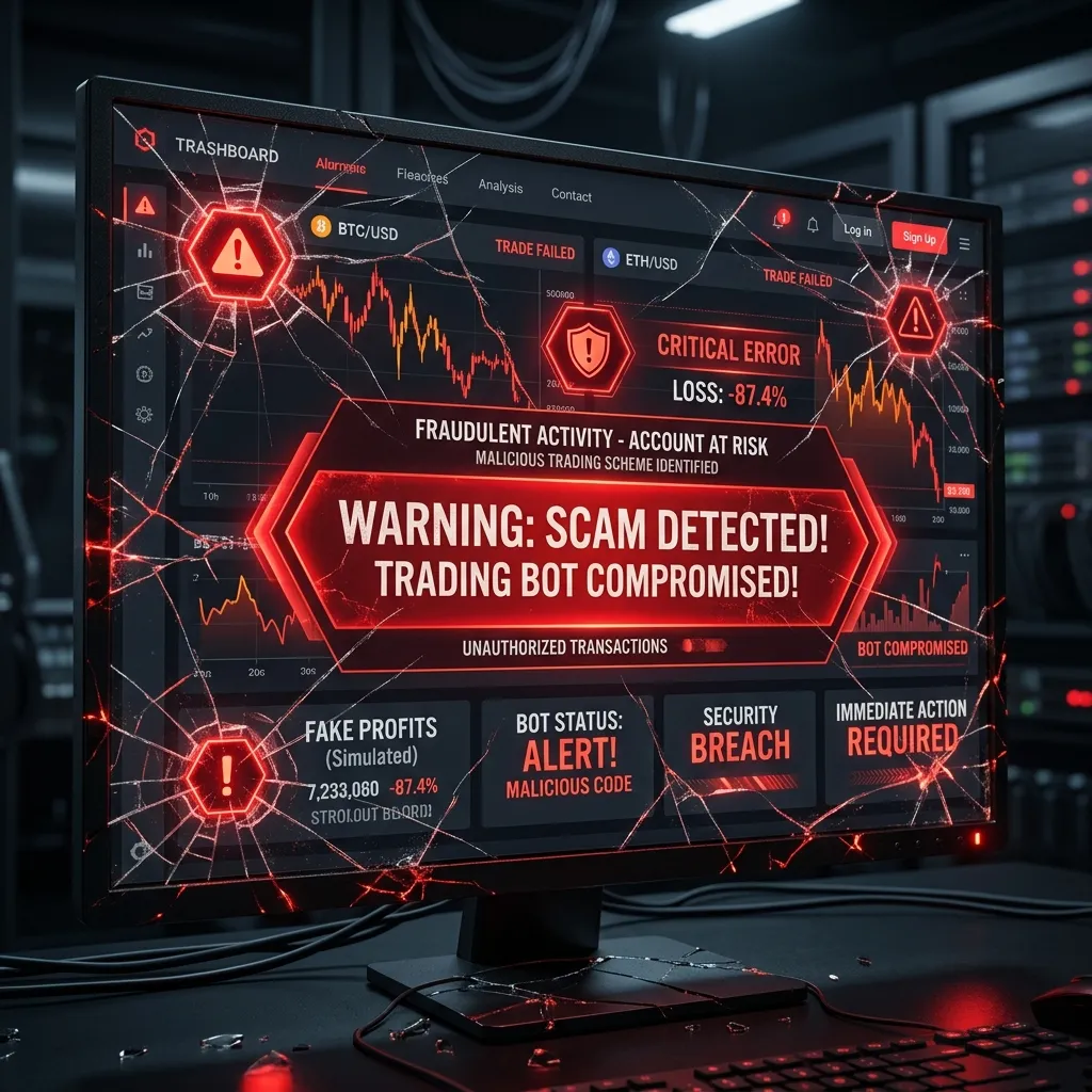 Warning signs of crypto trading bot scams with red flag indicators