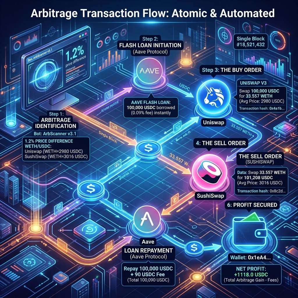 Atomic arbitrage flow showing two-pool price discrepancy captured in a single transaction
