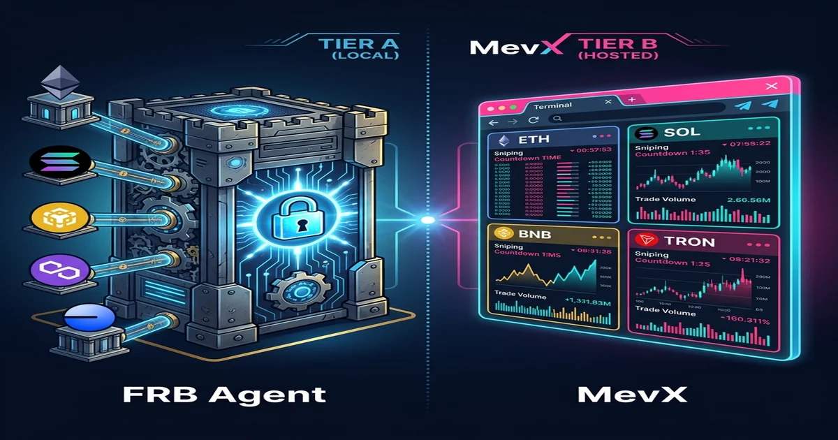 FRB Agent and MevX compared across multi-chain MEV execution showing local desktop versus web/Telegram architectures
